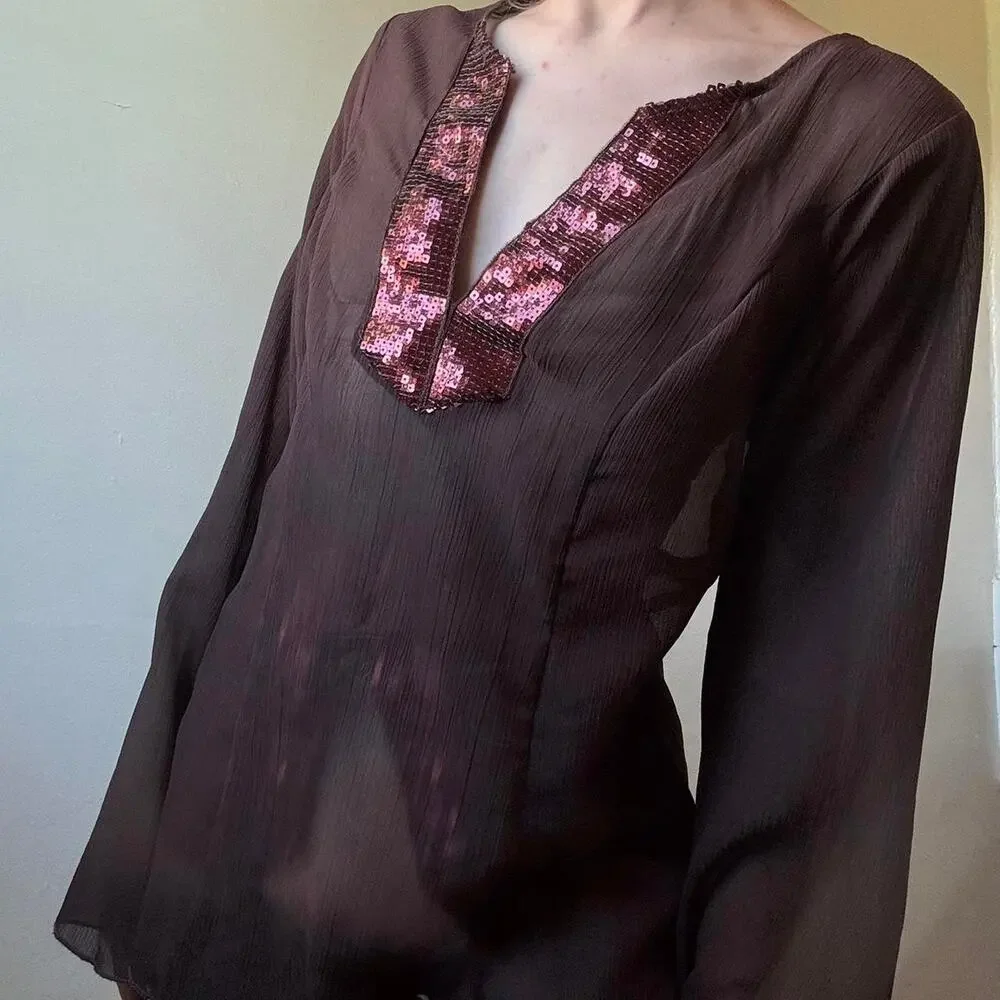 Vintage Soulmates Sheer Brown Sequined Blouse Small Witchy 70s Stevie Nicks - Picture 3 of 3